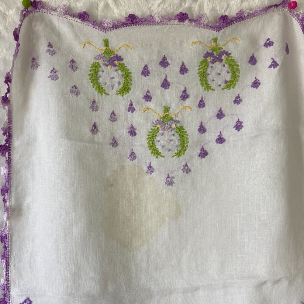 Vintage set 2 Linen Handmade embroidery Floral Crocheted Bordered edges Runners - Picture 6 of 10